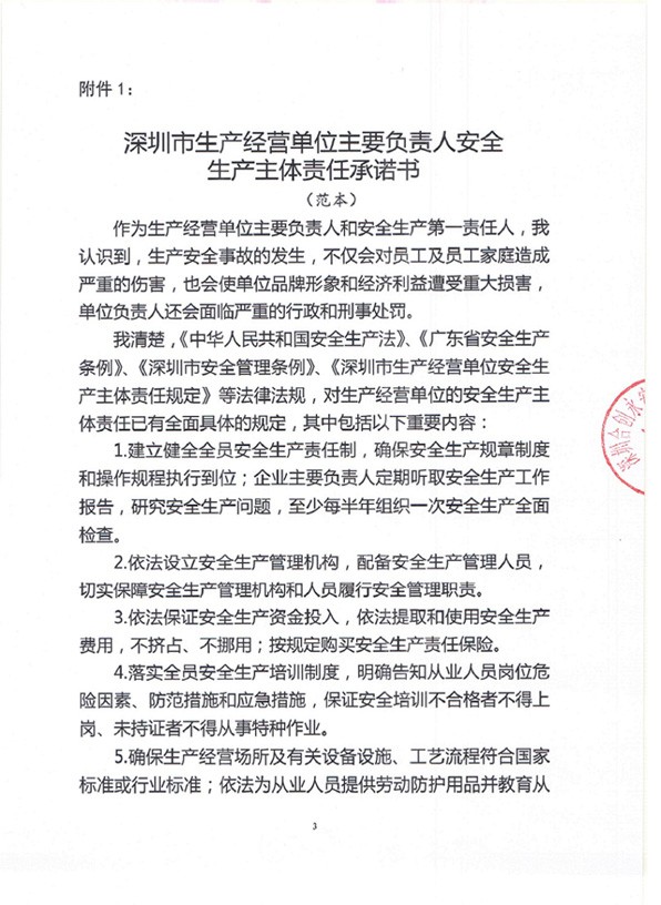 深圳市生产经营单位主要负责人安全生产主体责任承诺书